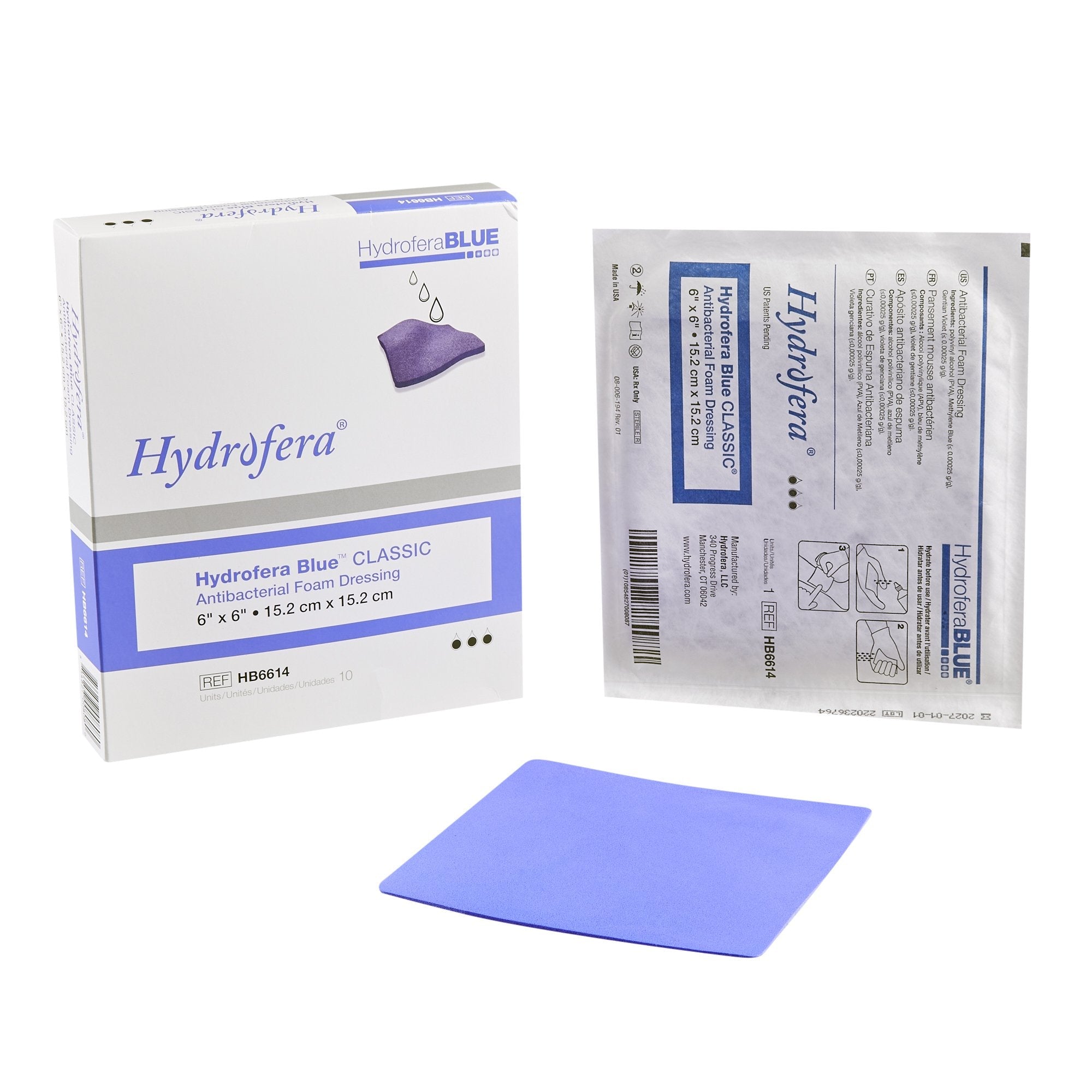 Antibacterial Foam Dressing Hydrofera BLUE Classic 6 X 6 Inch Without Border Without Film Backing Nonadhesive Square Sterile 
