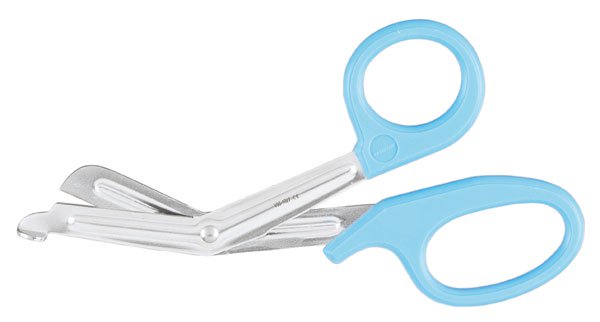 Bandage and Utility Scissors Vantage Universal 7-1/2 Inch Length Floor / Office Grade Pakistani Stainless Steel / Plastic NonSterile Blue Finger Ring Handle Angled Blunt Tip / Blunt Tip 