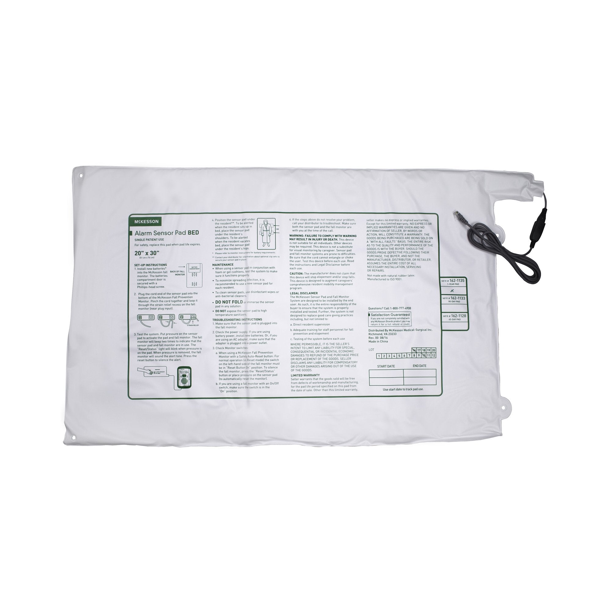 McKesson Brand McKesson Bed Alarm Sensor Pad, 20 x 30 Inch (20/CS)