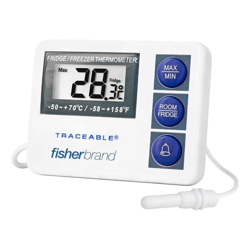 Digital Refrigerator / Freezer Thermometer with Alarm Fahrenheit / Celsius -58° to +158°F (-50° to +70°C) External Probe Flip-out Stand / Wall Mount Battery Operated 