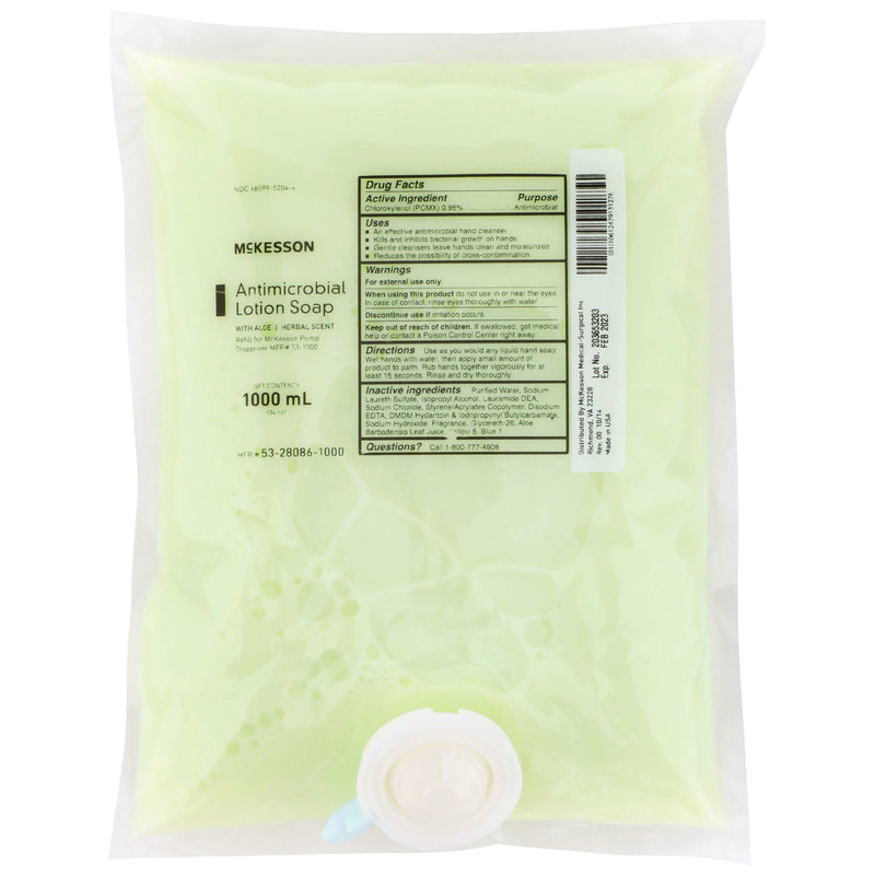 McKesson Antimicrobial Lotion Soap, Herbal Scent, With Aloe, 1,000 mL Refill Bag (Case of 10)