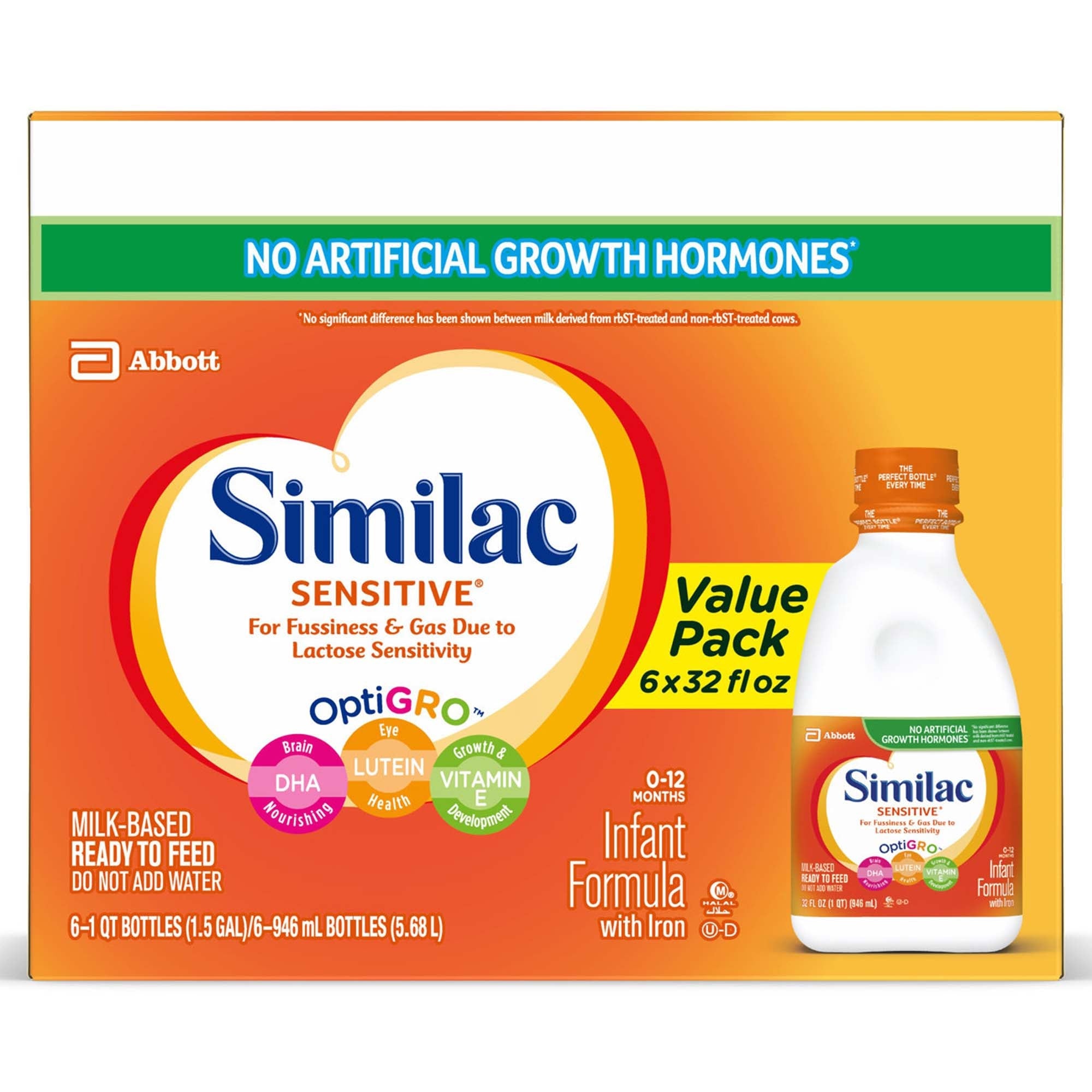 Abbott Nutrition Similac Sensitive Ready to Use Infant Formula, 1-quart bottle (6/CS) 