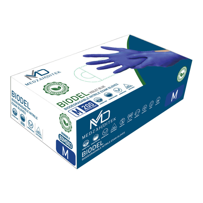 Exam Glove BIODEL Medium 200 per Box NonSterile Nitrile Standard Cuff Length Textured Fingertips Violet Blue Chemo Tested / Fentanyl Tested (Case of 2000)