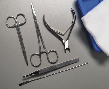 BR Surgical Toe Nail Procedure Tray, sterile, (5) per box, consisting of: Kelly forcep, Adson 1x2 forcep, Iris scissors, Probe with eye, Nail nipper, 12-pieces gauze 4"x4", Sterilization pouch, CSR wrap, Tray 