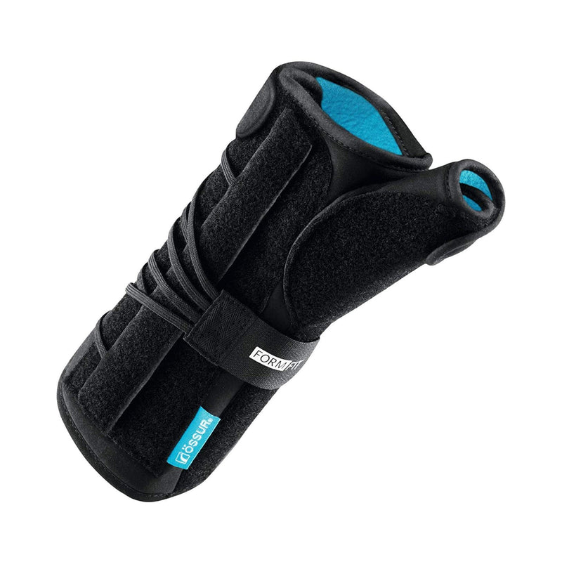 Wrist Brace with Thumb Spica Ossur Formfit Aluminum / Copper / Cotton / Polyamide / Polyester / Polyurethane Left Hand Black One Size Fits Most (Each)
