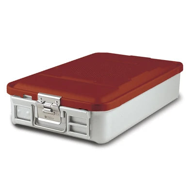 SklarLite Sterilization Container - Mid-Size, Standard Lid, Non-Perforated Bottom, 18-1/4" x 11" x 4", Red - 10-4304 