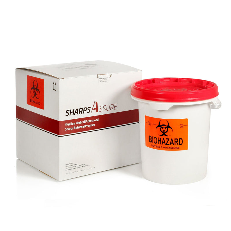 Mailback Sharps Container Sharps Assure White Base 14 H X 15 W X 14 l Inch Horizontal / Vertical Entry 5 gal. (Case)