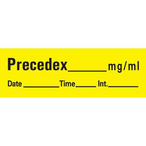 PDC Healthcare Drug Label UAL Anesthesia Label Tape Precedex _mg/mL Date_Time_Int Yellow 1/2 X 1-1/2 Inch