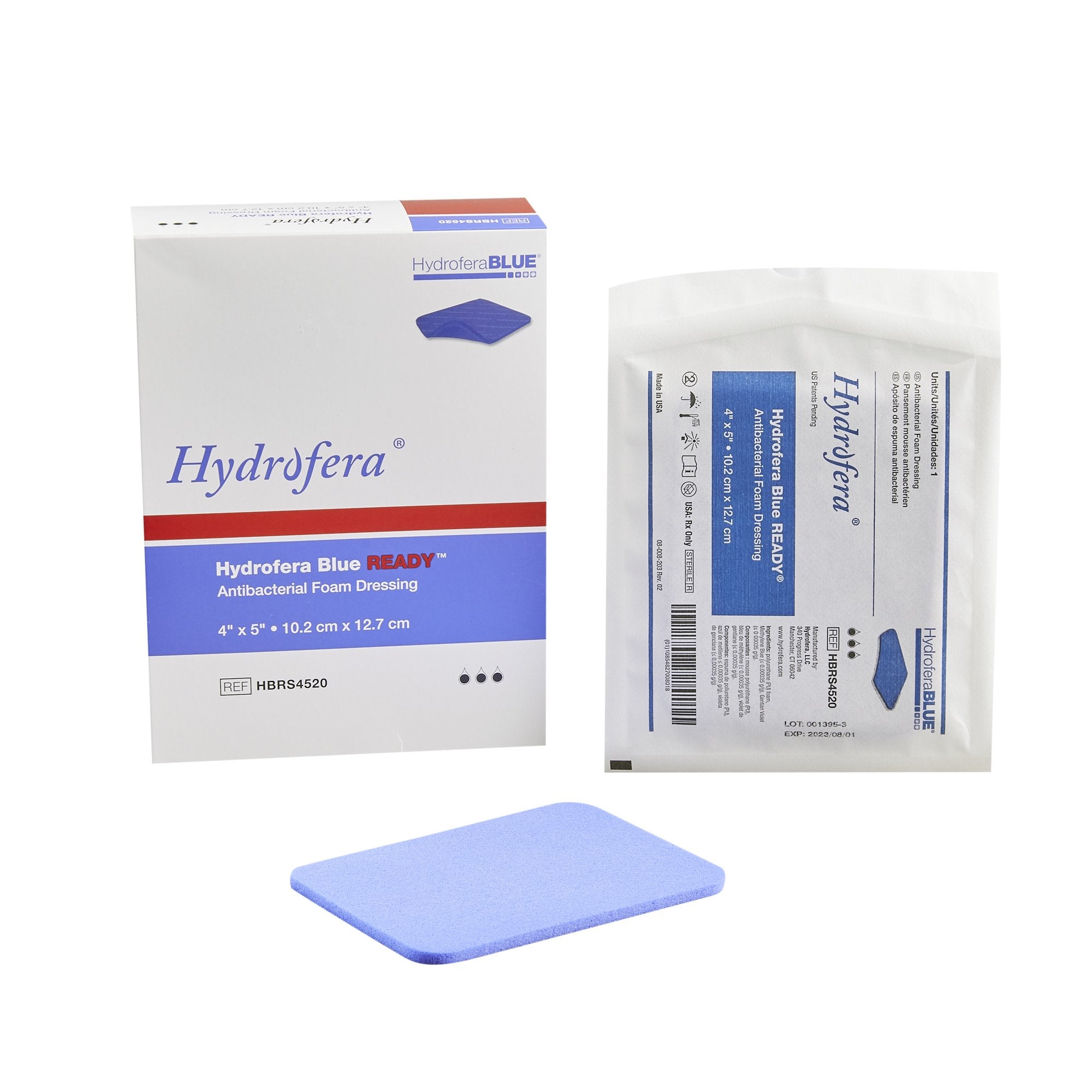 Antibacterial Foam Dressing Hydrofera BLUE READY 4 X 5 Inch Without Border Waterproof Film Backing Nonadhesive Rectangle Sterile 