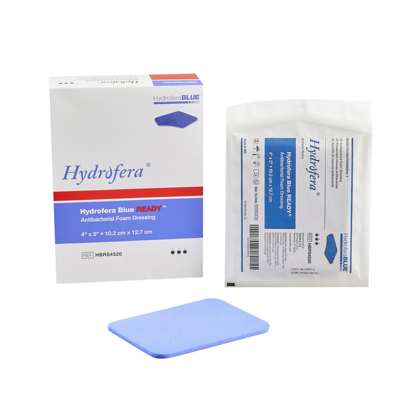 Antibacterial Foam Dressing Hydrofera BLUE READY 4 X 5 Inch Without Border Waterproof Film Backing Nonadhesive Rectangle Sterile (Box)