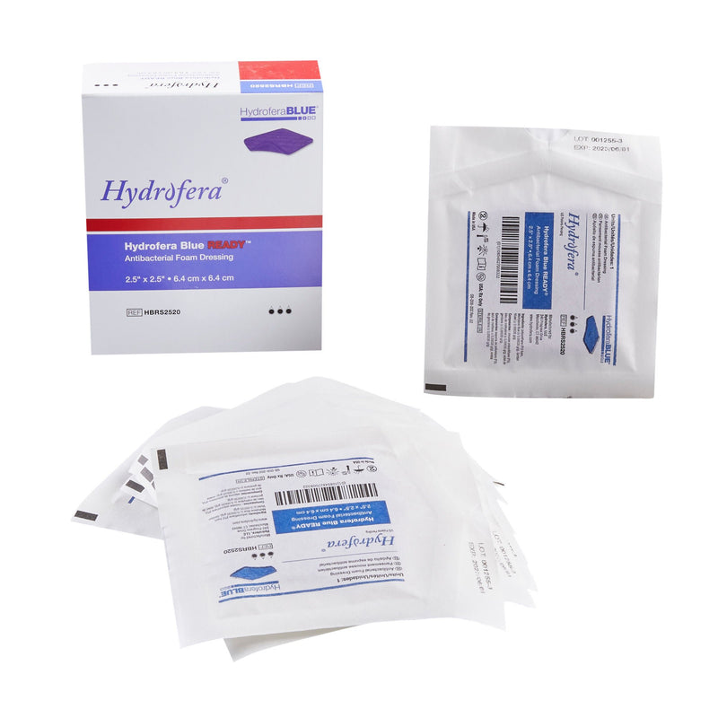 Antibacterial Foam Dressing Hydrofera BLUE READY 2-1/2 X 2-1/2 Inch Without Border Without Film Backing Nonadhesive Square Sterile (Box of 10)