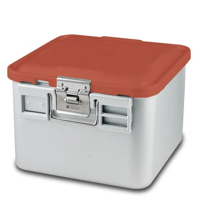 SklarLite Sterilization Container - Half-Size, Standard Lid, Perforated Bottom, 11-1/4" x 11" x 8", Red - 10-4660