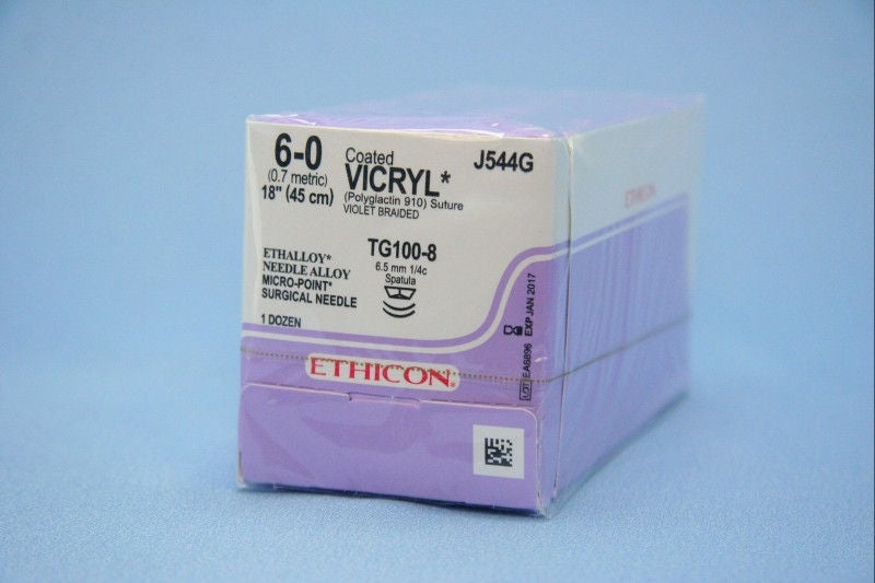 Absorbable Suture with Needle Coated Vicryl Polyglactin 910 TG100-8 1/4 Circle Spatula Needle Size 6-0 Braided (Box of 12)