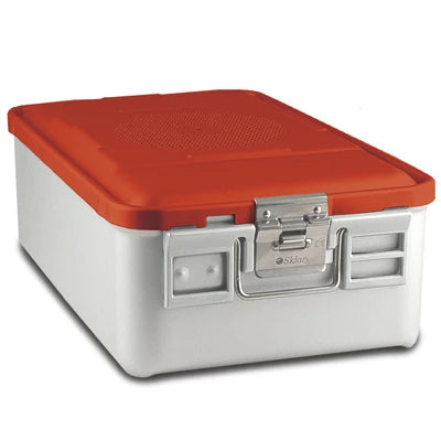 SklarLite Sterilization Container - Mid-Size, Standard Lid, Perforated Bottom, 18-1/4" x 11" x 6", Red - 10-4410 
