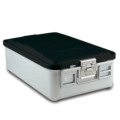 SklarLite Sterilization Container - Mid-Size, Safe Lid, Perforated Bottom, 18-1/4" x 11" x 5", Black - 10-4392 