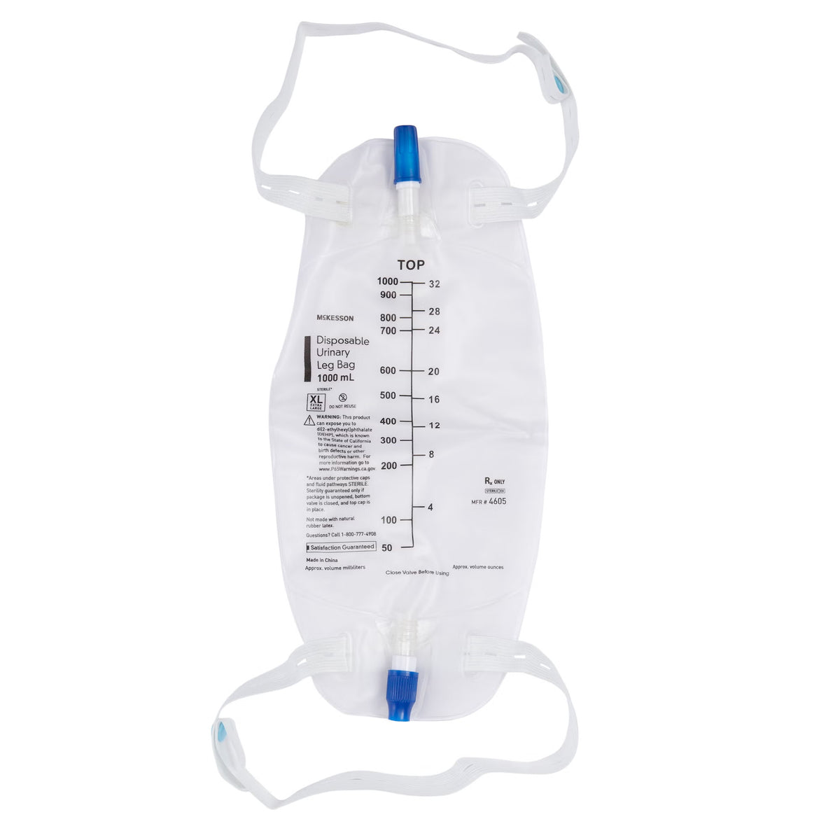 Urinary Leg Bag McKesson Anti-Reflux Valve Sterile 1,000 mL Vinyl (Case of 48)