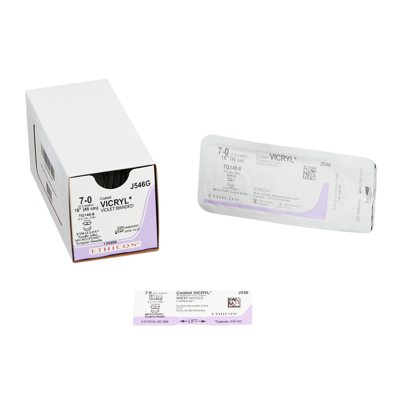 Absorbable Suture with Needle Coated Vicryl Polyglactin 910 TG140-8 3/8 Circle Spatula Needle Size 7-0 Braided (Box of 12)