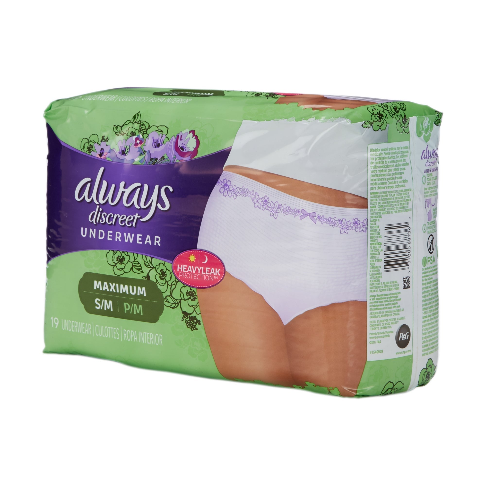 Absorbent Underwear Always Discreet Pull On with Tear Away Seams Adult Small / Medium Female Disposable Heavy Absorbency 
