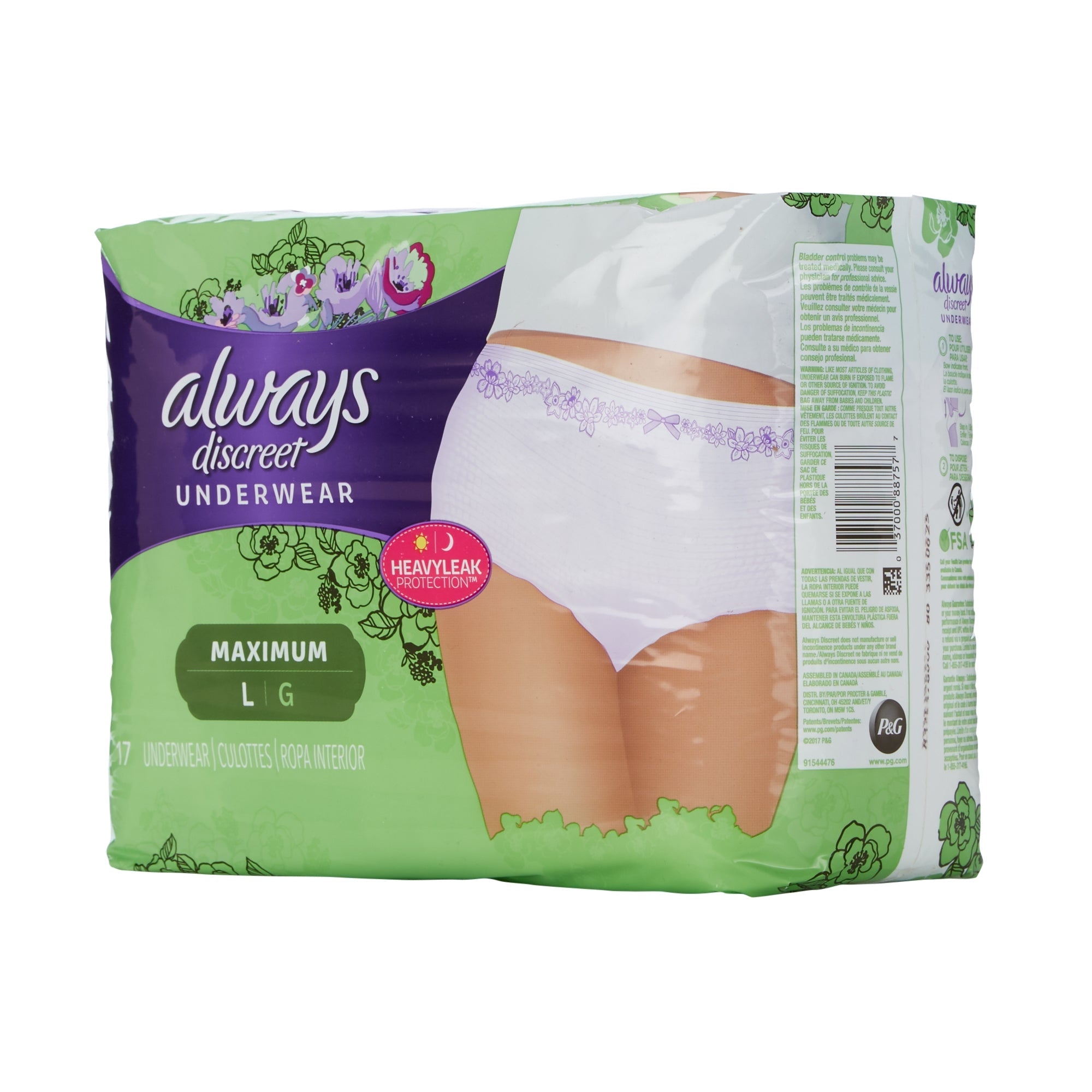 Absorbent Underwear Always Discreet Pull On with Tear Away Seams Adult Large Female Disposable Heavy Absorbency 