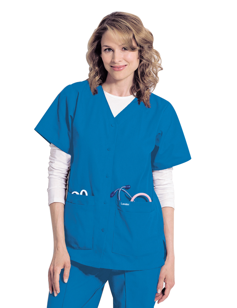 Landau Uniforms Scrub Shirt Landau Essentials Large Black 4 Pockets Short Sleeve Female 