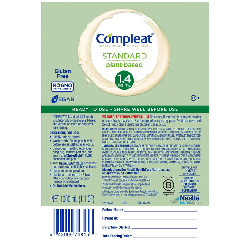 Compleat Standard 1.4 Cal Plant-Based Tube Feeding Formula, Vanilla, 1000 mL