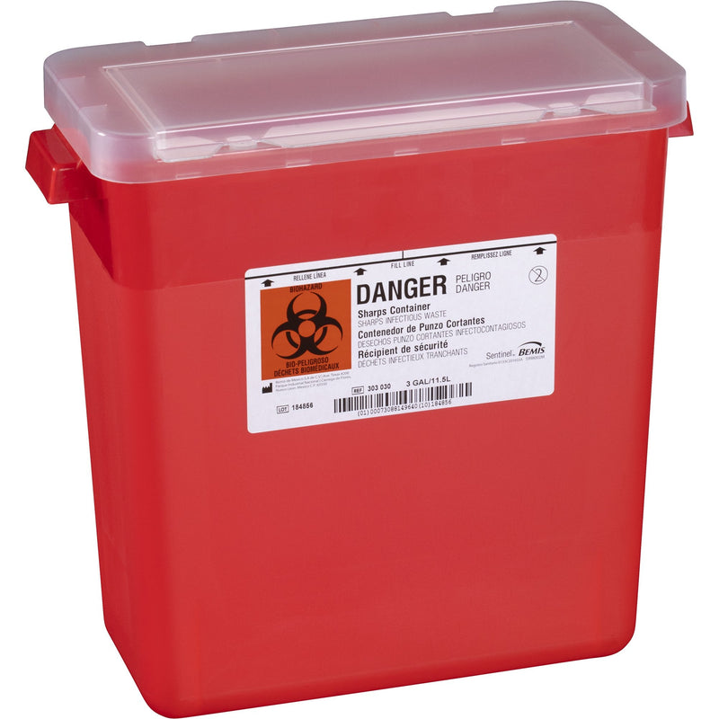 Bemis Healthcare Bemis Sentinel Sharps Container, 3 Gallon, 13-1/2 x 13-7/8 x 6-7/8 Inch (12/CS) 