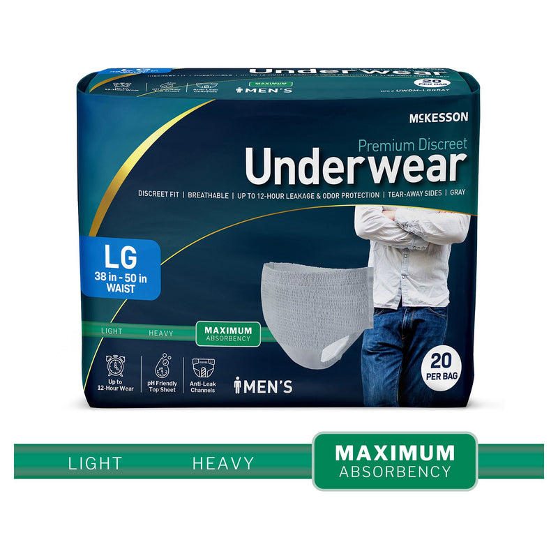 McKesson Premium Discreet Underwear for Men, Maximum Absorbency, Large (Case of 80)