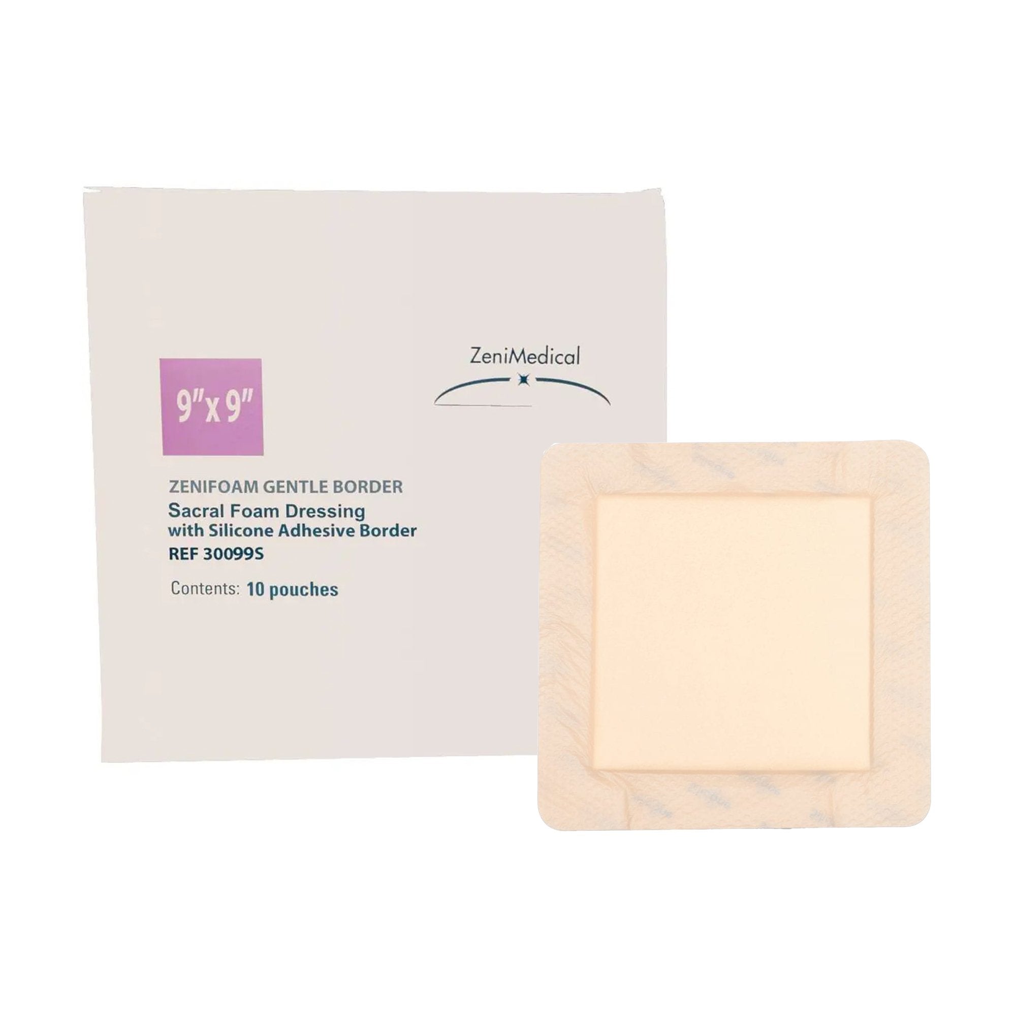 Focus Health Group Foam Dressing ZeniFOAM Gentle Border 9 X 9 Inch With Border Waterproof Backing Silicone Face and Border Sacral Sterile (10/BX) 
