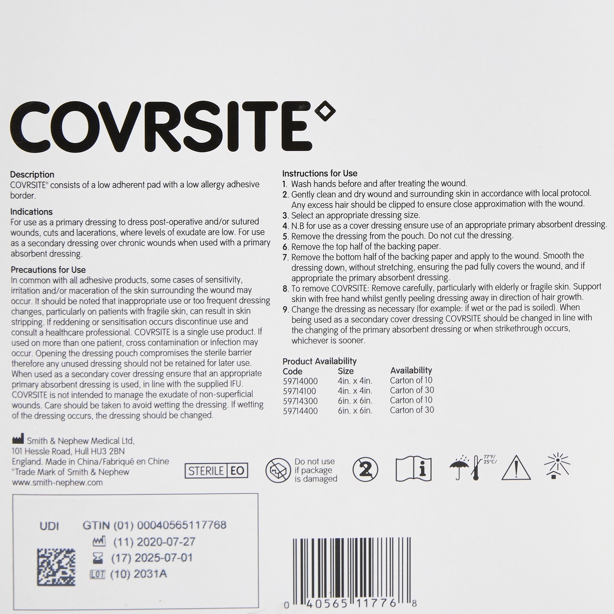 Smith & Nephew Covrsite - Secondary Composite Dressing 6" X 6" 