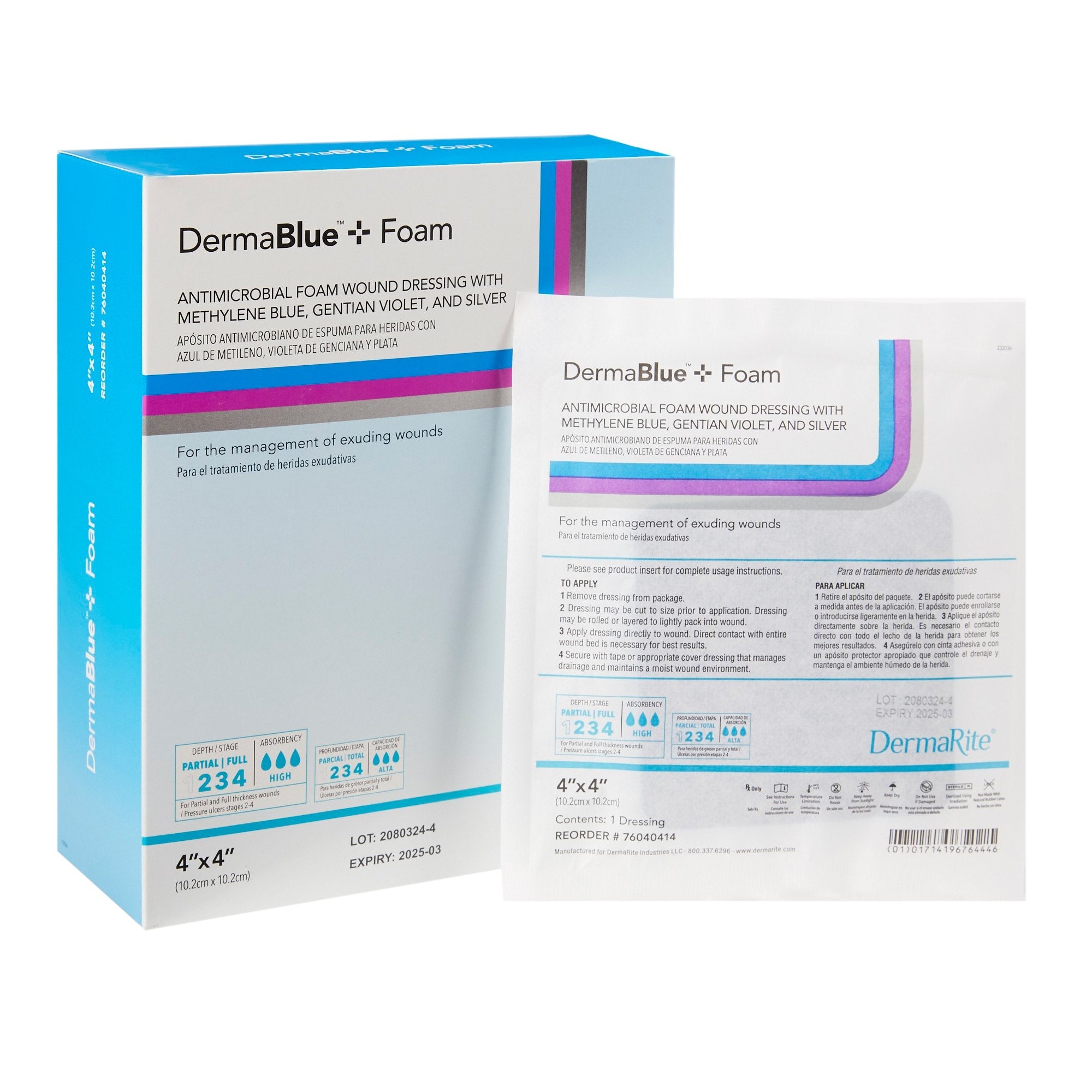 Silver Foam Dressing DermaBlue+ Foam 4 X 4 Inch Square Sterile 