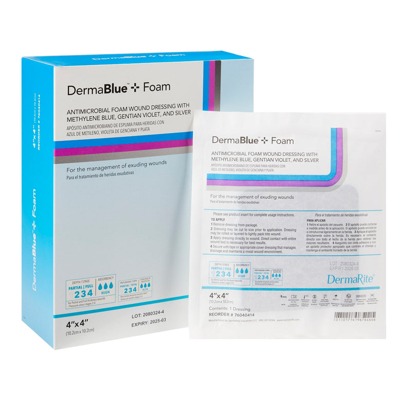 Silver Foam Dressing DermaBlue+ Foam 4 X 4 Inch Square Sterile 