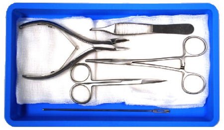 BR Surgical Toe Nail Procedure Kit, sterile, (5) per box: Kelly forcep, Adson 1x2 forcep, Iris scissors, Probe with eye, English Anvil nail splitter, 12-pieces gauze 4"x4", Sterilization pouch, CSR wrap, Tray