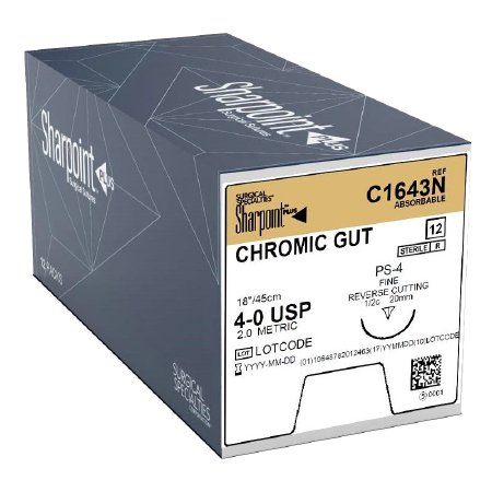 SUTURE CHROMIC GUT SIZE 4-018IN/45CM 1/2 CIRC 12/BX