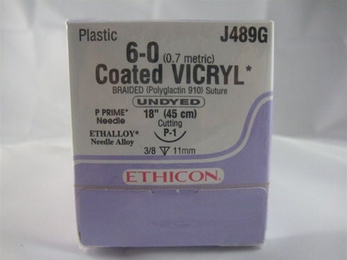 Absorbable Suture with Needle Coated Vicryl Polyglactin 910 P-1 3/8 Circle Precision Reverse Cutting Needle Size 6-0 Braided (Box of 12)