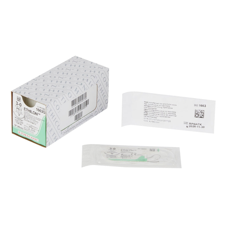 Nonabsorbable Suture with Needle Ethilon Nylon PS-1 3/8 Circle Reverse Cutting Needle Size 3-0 Monofilament 