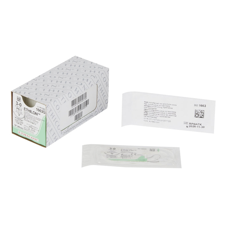 Nonabsorbable Suture with Needle Ethilon Nylon PS-1 3/8 Circle Reverse Cutting Needle Size 3-0 Monofilament 