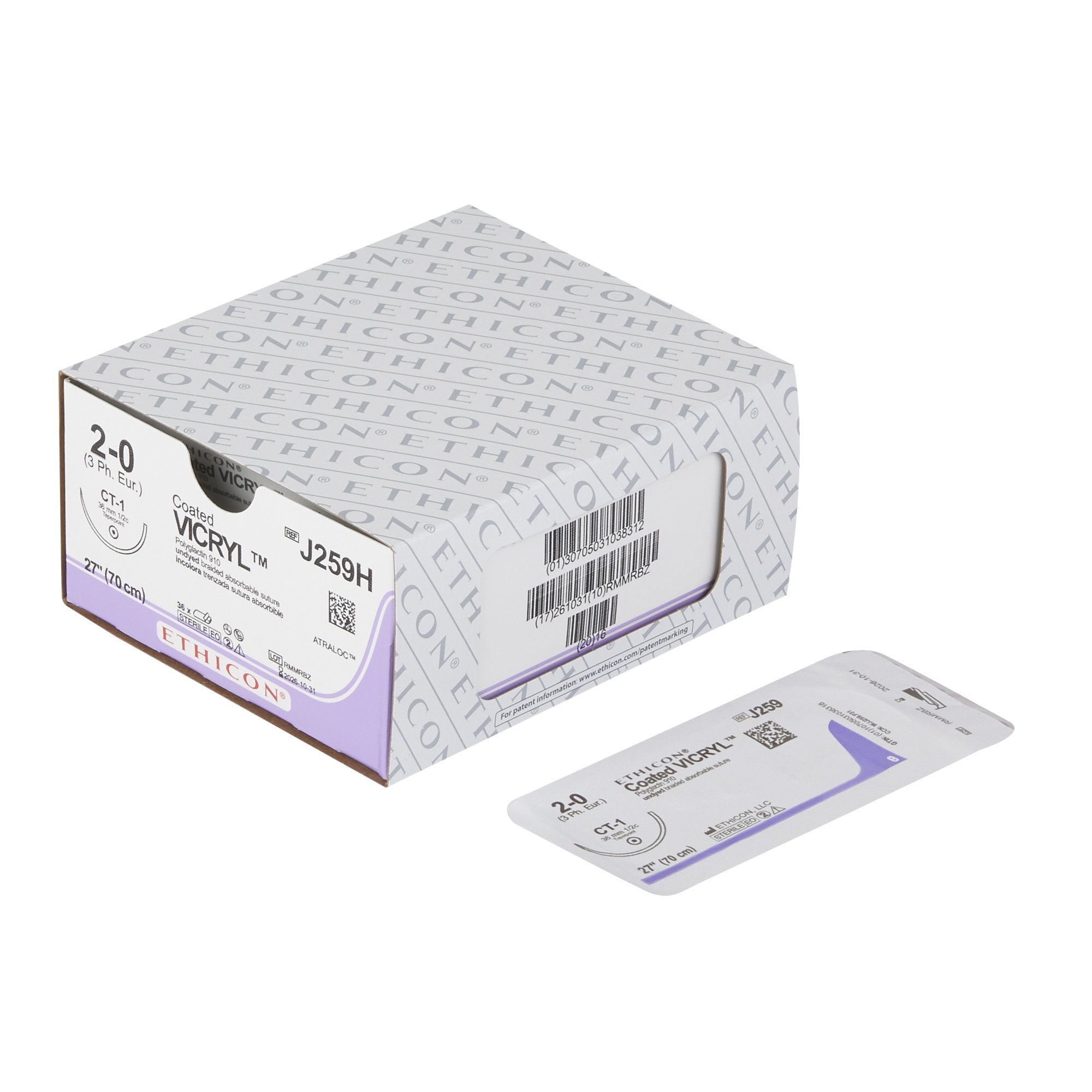 Absorbable Suture with Needle Coated Vicryl Polyglactin 910 CT-1 1/2 Circle Taper Point Needle Size 2-0 Braided 