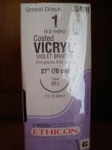 Absorbable Suture with Needle Coated Vicryl Polyglactin 910 CT-1 1/2 Circle Taper Point Needle Size 1 Braided (Box of 36)
