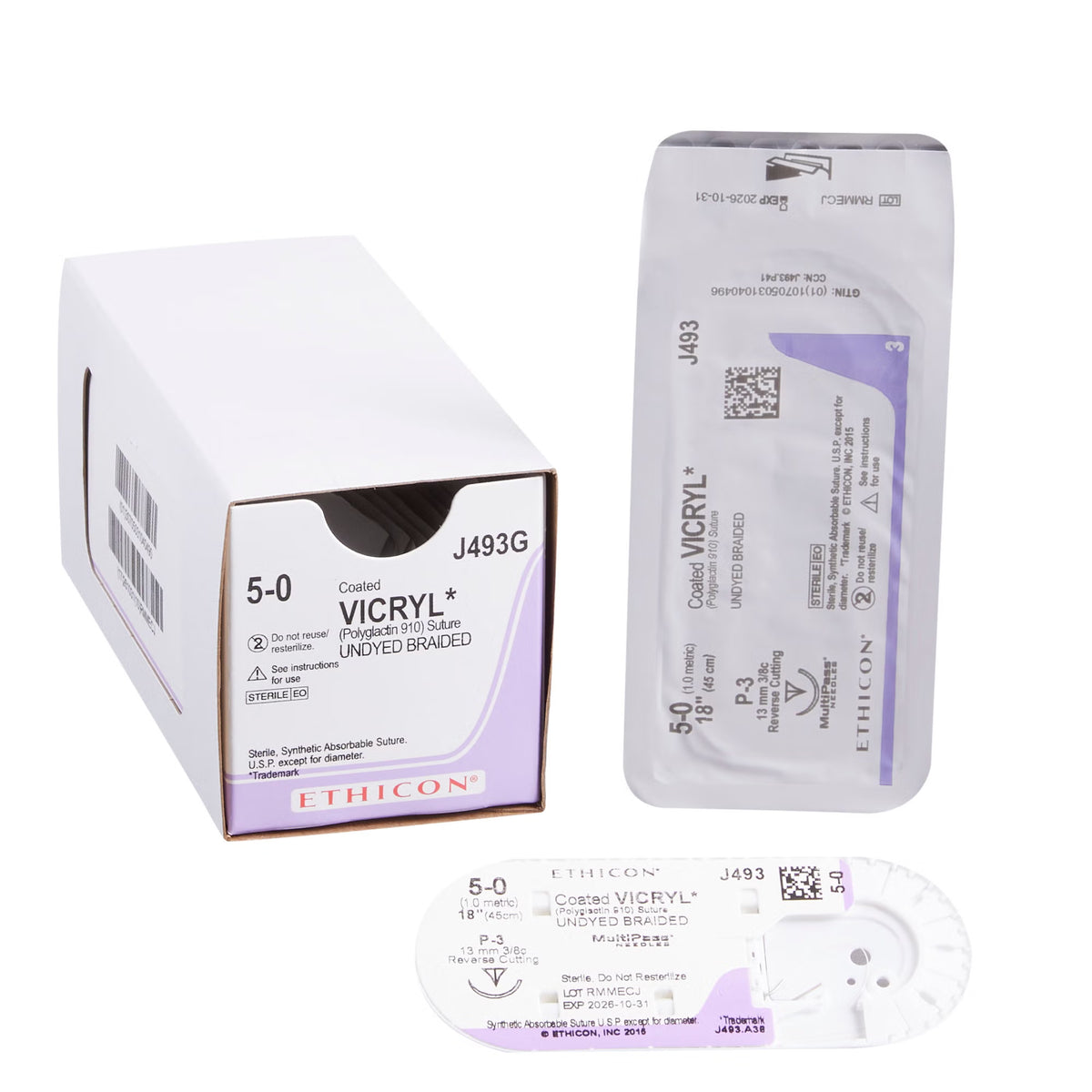 Absorbable Suture with Needle Coated Vicryl Polyglactin 910 P-3 3/8 Circle Precision Reverse Cutting Needle Size 5-0 Braided (Box of 12)