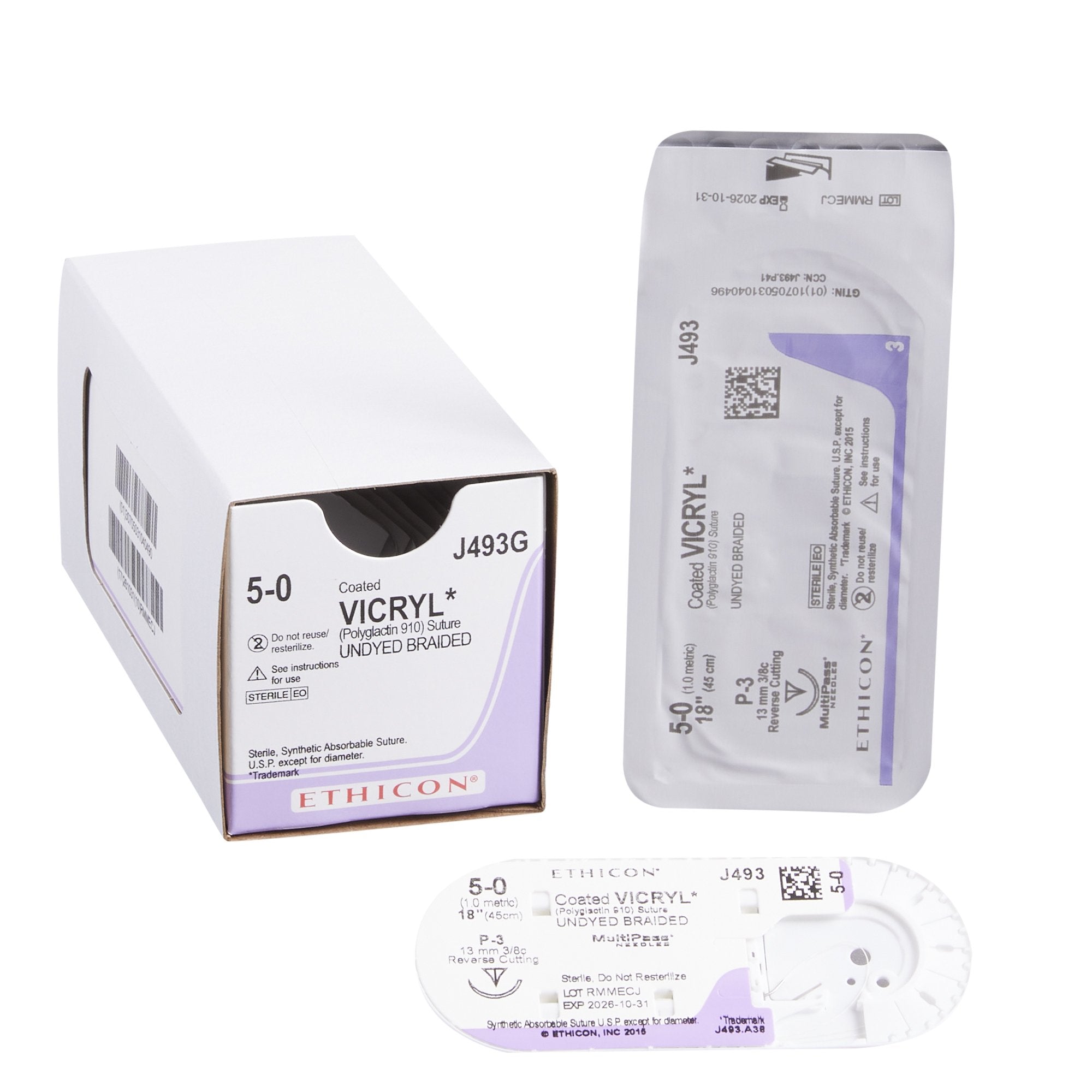 Absorbable Suture with Needle Coated Vicryl Polyglactin 910 P-3 3/8 Circle Precision Reverse Cutting Needle Size 5-0 Braided 