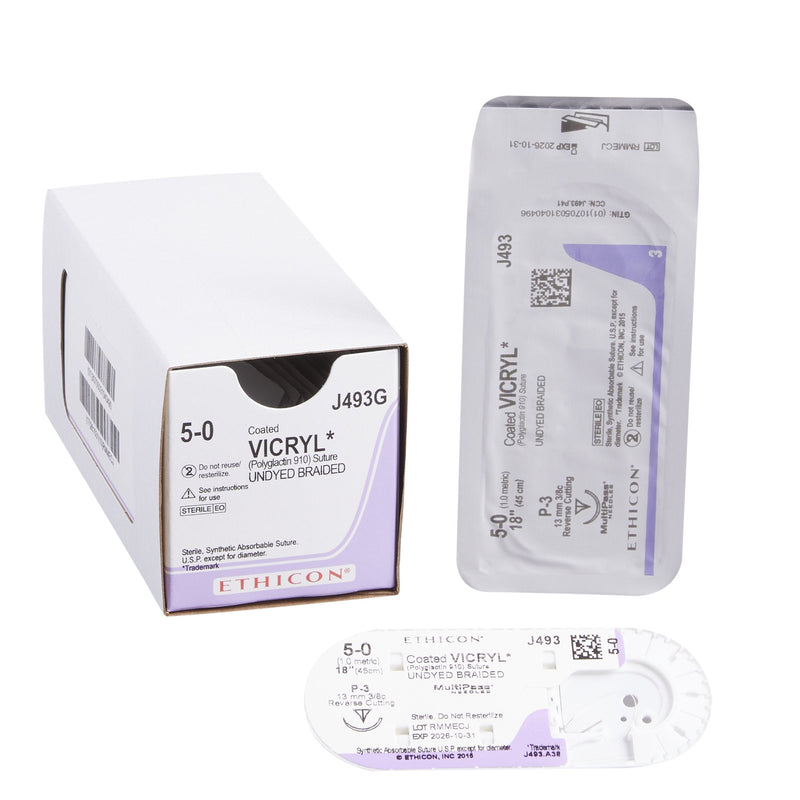 Absorbable Suture with Needle Coated Vicryl Polyglactin 910 P-3 3/8 Circle Precision Reverse Cutting Needle Size 5-0 Braided 