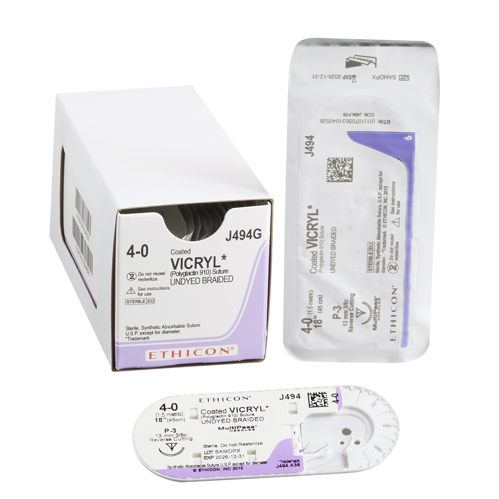 Absorbable Suture with Needle Coated Vicryl Polyglactin 910 P-3 3/8 Circle Precision Reverse Cutting Needle Size 4-0 Braided 