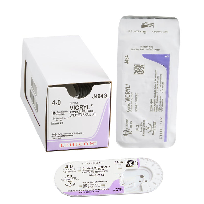 Absorbable Suture with Needle Coated Vicryl Polyglactin 910 P-3 3/8 Circle Precision Reverse Cutting Needle Size 4-0 Braided (Box of 12)