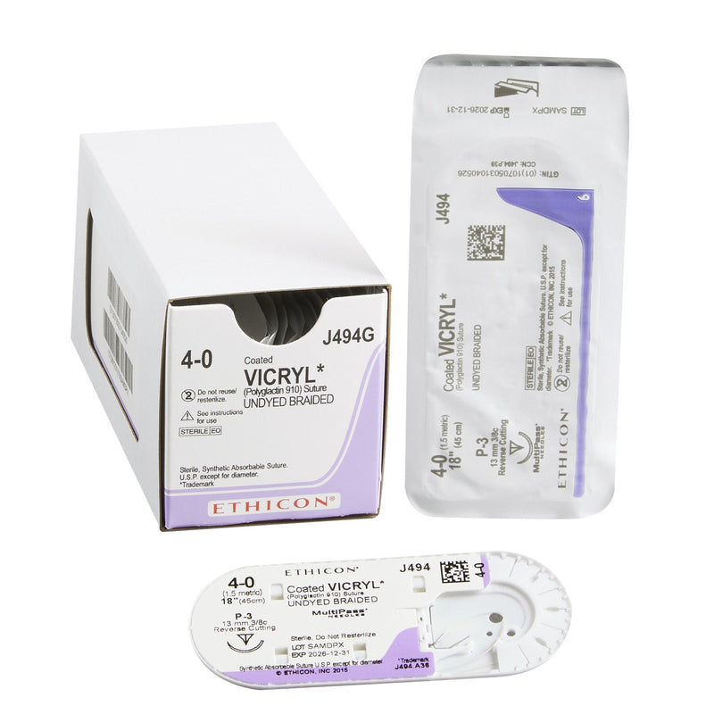 Absorbable Suture with Needle Coated Vicryl Polyglactin 910 P-3 3/8 Circle Precision Reverse Cutting Needle Size 4-0 Braided 
