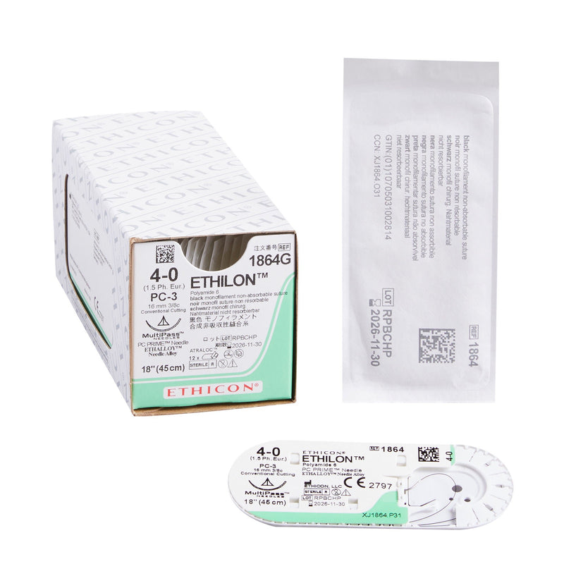 Nonabsorbable Suture with Needle Ethilon Nylon PC-3 3/8 Circle Precision Conventional Cutting Needle Size 4-0 Monofilament (Box of 12)