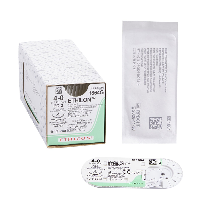 Nonabsorbable Suture with Needle Ethilon Nylon PC-3 3/8 Circle Precision Conventional Cutting Needle Size 4-0 Monofilament 