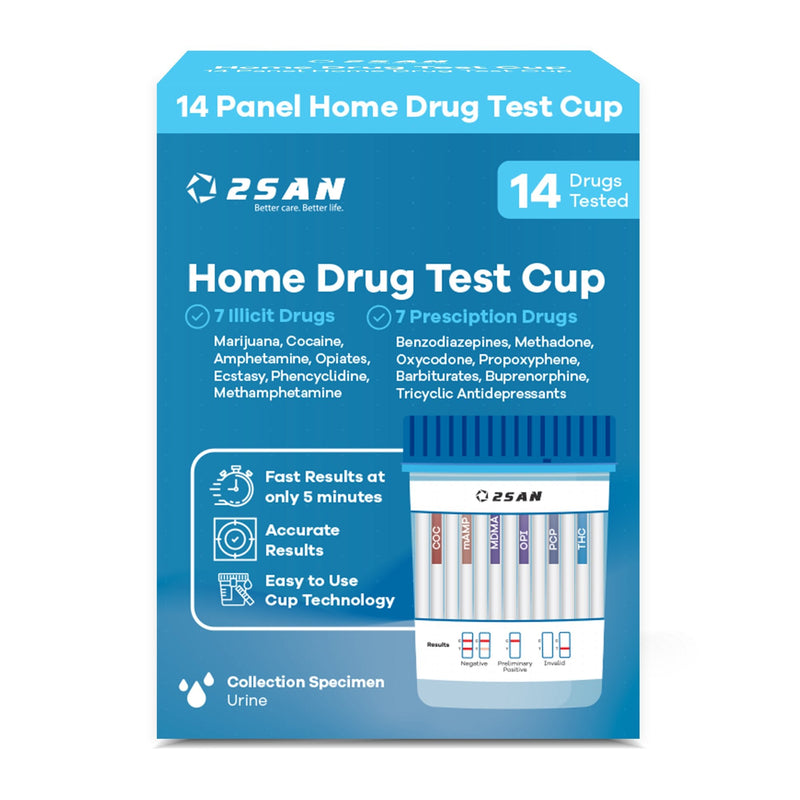 2San LLC Drugs of Abuse Test Kit 2San AMP, BAR, BUP, BZO, COC, mAMP/MET, MDMA, MTD, OPI, OXY, PCP, PPX, TCA, THC 1 per Kit (18 Kits per Case) CLIA Waived (18/CS) 