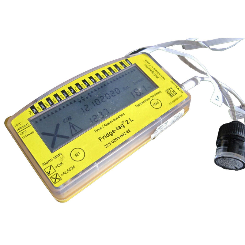Refrigerator Vaccine Data Logger with Alarm Fridge-tag 2L Fahrenheit / Celsius -22° to +131°F (-30° to +55°C) Glycol Bottle Probe Battery Operated (Each) 