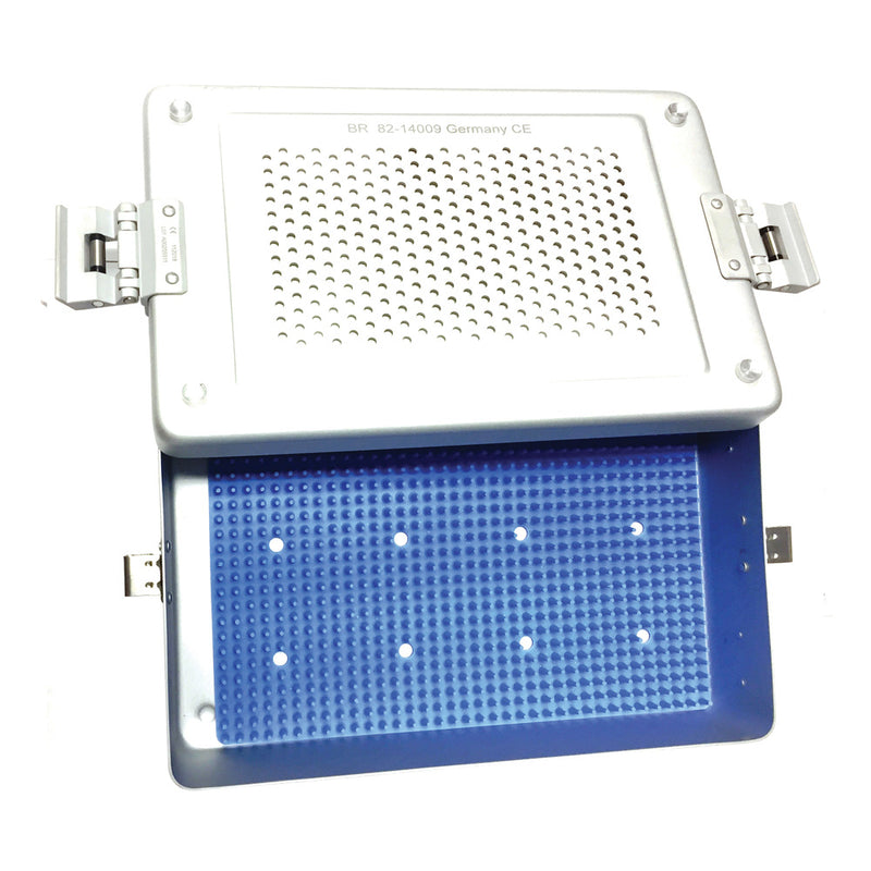 BR Surgical Sterilization Container with Perforated Lid, flat, unperforated bottom, silver, 12¼" x 7½" x 2½", with Silicone Mat