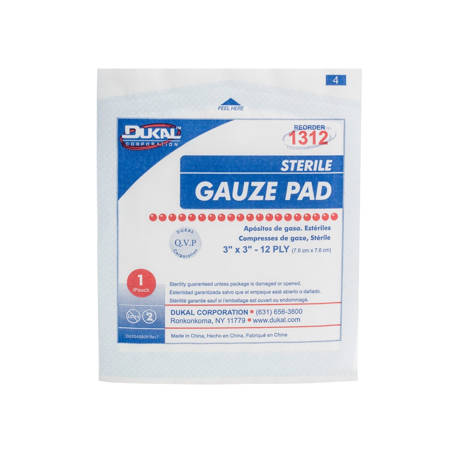 Dukal Corporation Dukal Gauze Pads  Pad, 3" x 3", 12-Ply, Sterile, 1/pk, 100 pk/bx, 24